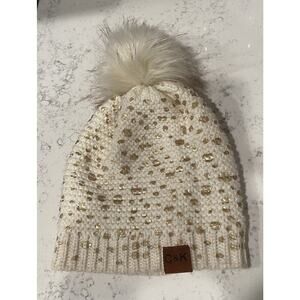 C&K Ivory Knit Gold Speckled Slouchy Beanie with Pom, Women Winter Hat
